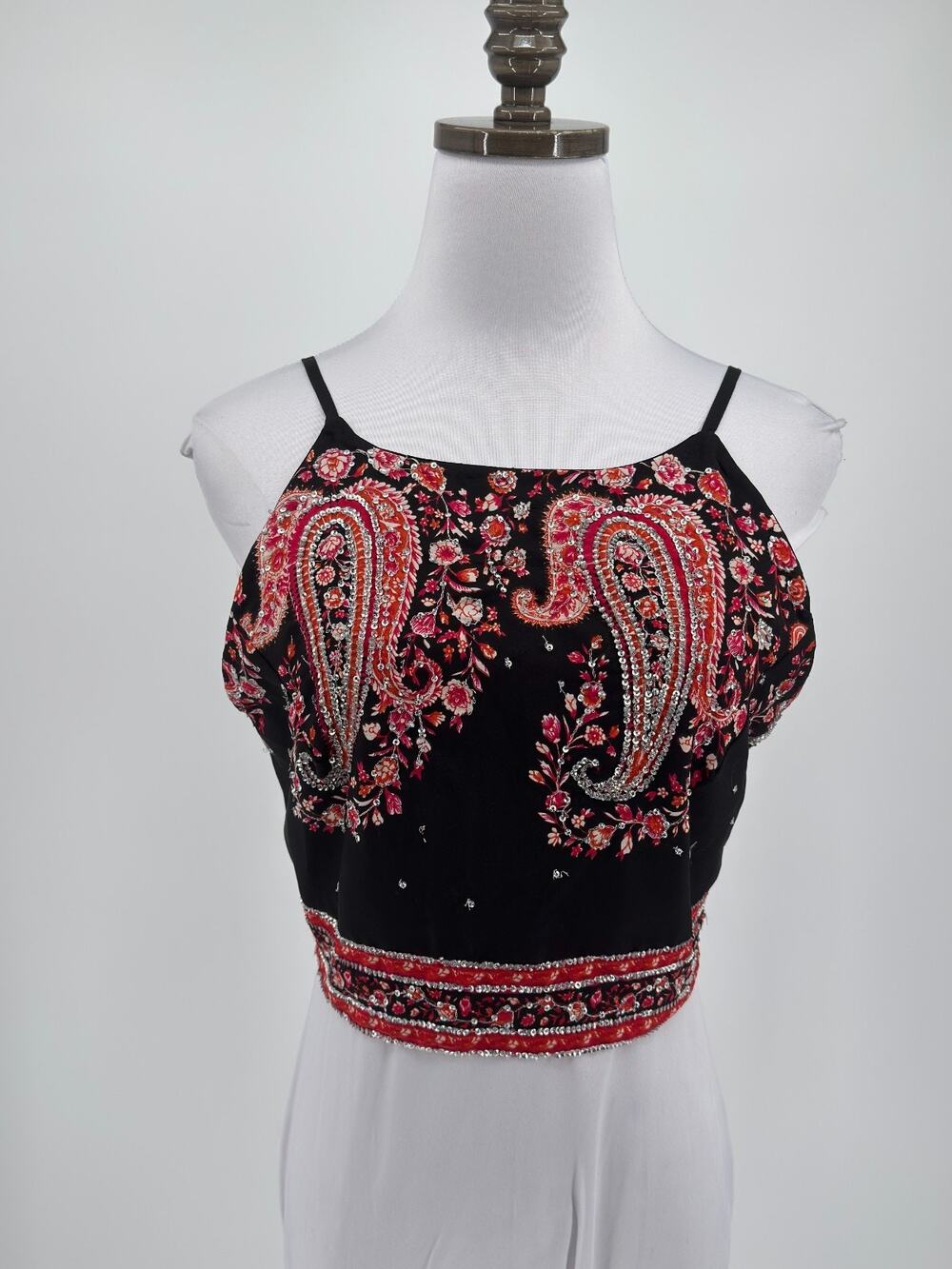 Free People Goa Black Red Pink Paisley Embroidered Lace Up Back Crop Top Sz M